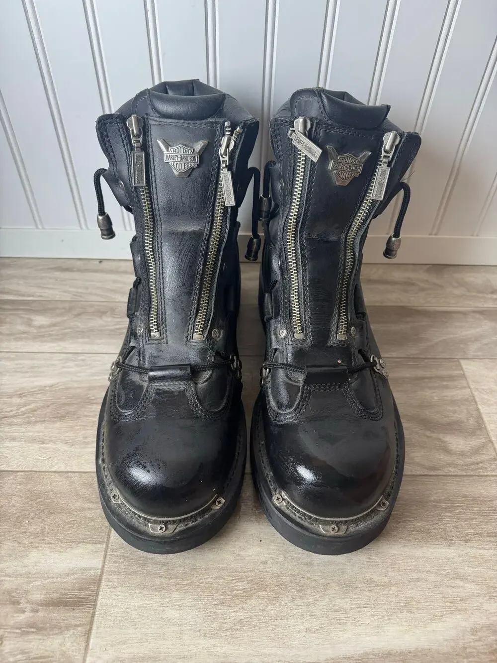 Harley-Davidson Mens SZ 12 Leather Boots Double Zip 91680 Black Preowned